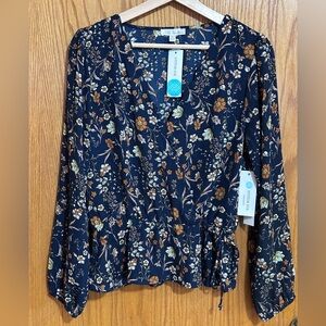 Nine Britton sz M Cavanna Faux Wrap Blouse stitch fix dark navy blue floral Q